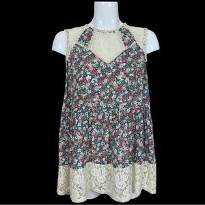 Umgee Bohemian Floral and Lace Prairie Tank Top Large